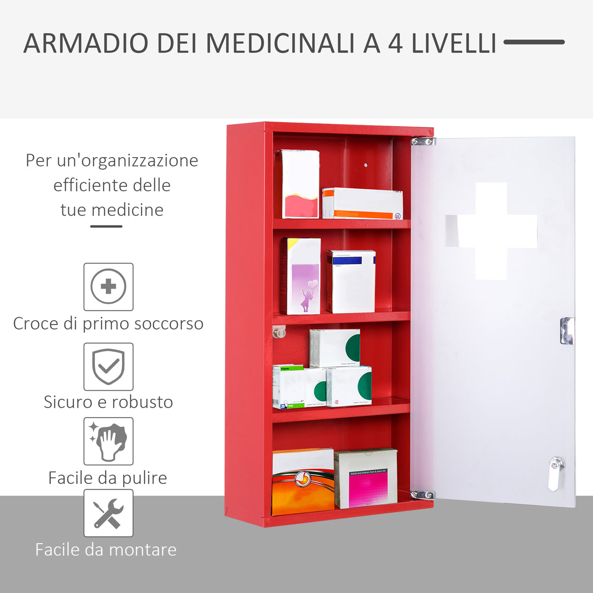Cassetta Porta Medicine Armadietto Medicinali 4 Livelli Porta in Vetro 603012cm Rosso