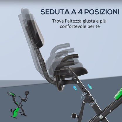 Cyclette Pieghevole 2 in 1, Resistenza Magnetica Regolabile 8 Livelli, Cyclette da Casa Silenziosa con Sensore Cardiaco, Sedile Regolabile, Bande Elastici, Schermo LCD, Ruote, Verde