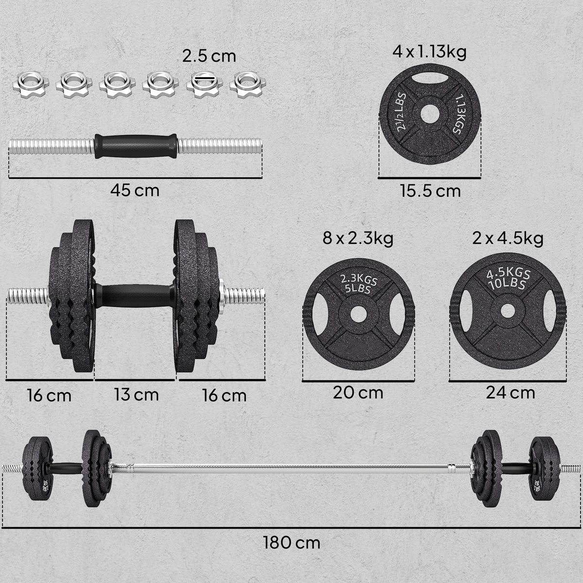 Pesi per Palestra 2 in 1 da 42 kg con 14 Dischi, Bilanciere e Manubri, in Acciaio, 180x24x24 cm, Nero