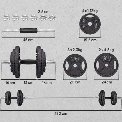 Pesi per Palestra 2 in 1 da 42 kg con 14 Dischi, Bilanciere e Manubri, in Acciaio, 180x24x24 cm, Nero