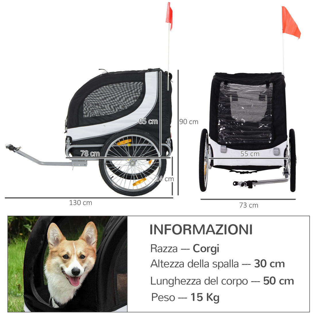 Rimorchio per Cani da Bicicletta, bianco e nero, 130x90x110cm