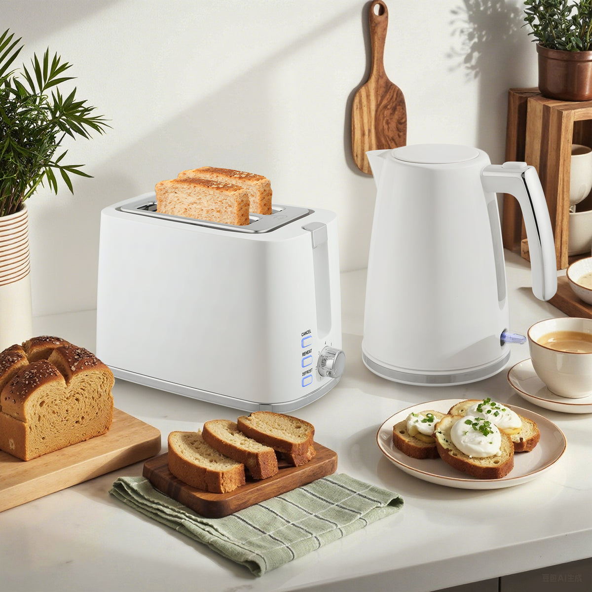 Set Bollitore Elettrico da 1.7L 2200W con Termostato e Tostapane Doppio con 7 Livelli di Doratura, Bianco