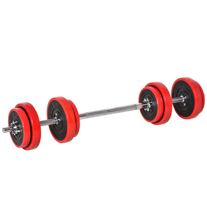 Set 2 in 1 Bilanciere e Manubri Pesi da 20kg, Dischi con Rivestimento in Plastica Antigraffio, Rosso e Nero