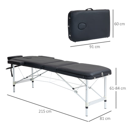 Lettino da Massaggio Pieghevole ad Altezza Regolabile, in Alluminio e Plastica, 215x81x61-84 cm, Nero