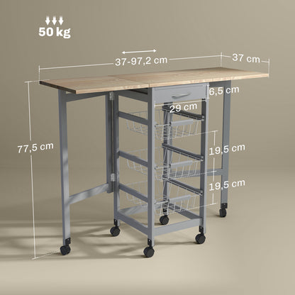 Carrello da Cucina con 3 Cestini, Cassetto e 2 Ribalte, in Legno e Metallo, 37x37x77.5 cm, Grigio e Rovere