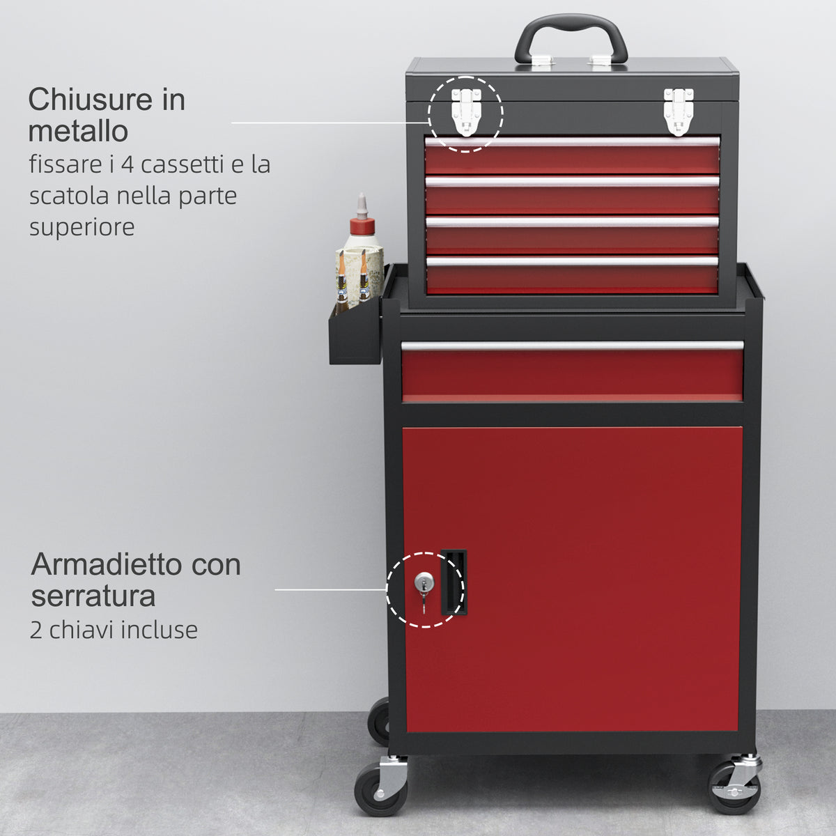 Carrello Porta Attrezzi 5 Cassetti, Cassetta Rimovibile e Armadietto con Chiave in Acciaio, Rosso