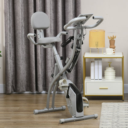 Cyclette Pieghevole 2 in 1, Resistenza Magnetica Regolabile 8 Livelli, Bici da Fitness con Sensore di Frequenza Cardiaca, Elastici per Braccia, Schermo LCD, Volano 2.5kg, Grigio