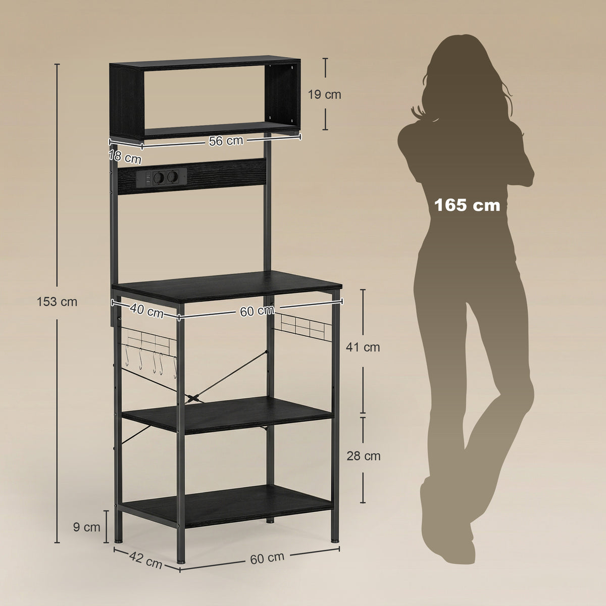 Scaffale da Cucina con Multipresa per Microonde con Ripiani e Ganci Stile Industriale, Legno e Acciaio, Nero