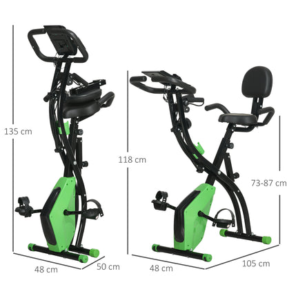 Cyclette Pieghevole 2 in 1, Resistenza Magnetica Regolabile 8 Livelli, Cyclette da Casa Silenziosa con Sensore Cardiaco, Sedile Regolabile, Bande Elastici, Schermo LCD, Ruote, Verde