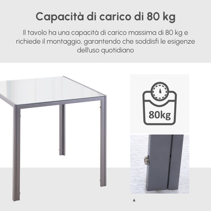 Tavolo Quadrato da 4 Persone per Cucina e Soggiorno, Tavolo Moderno in Metallo e Vetro Temperato, 75x75x75 cm, Grigio