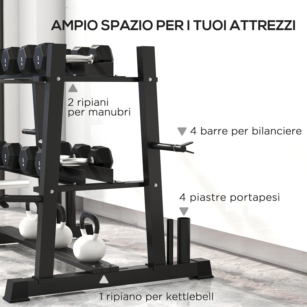 Rastrelliera per Manubri in Acciaio con 4 Aste Regolabili per Pesi e Kettlebell, 131x75x80 cm, Nero