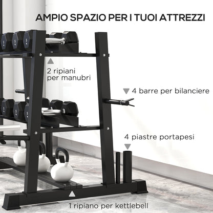 Rastrelliera per Manubri in Acciaio con 4 Aste Regolabili per Pesi e Kettlebell, 131x75x80 cm, Nero