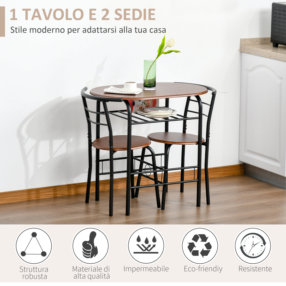Set Tavolo e Sedie Sala da Pranzo 3 Pezzi, Tavolo da Pranzo e 2 Sedie in Legno e Metallo, Salvaspazio, Design Industriale, per Soggiorno Salotto Cucina, Color Legno