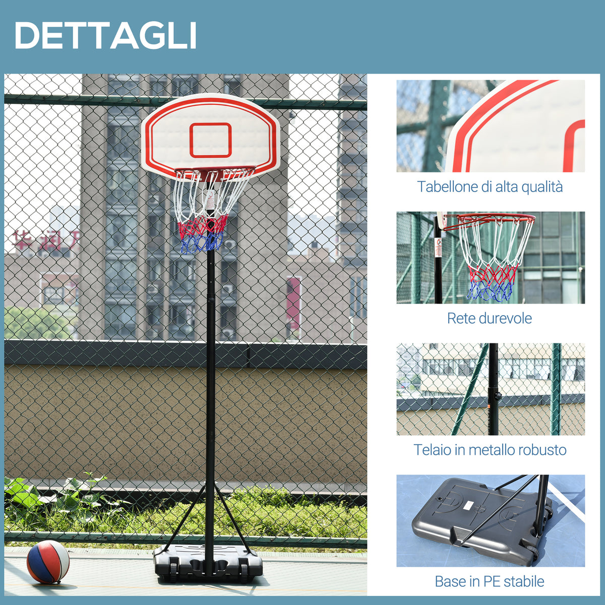 Canestro Basket da Interno ed Esterno Portatile con Altezza Regolabile 5 Livelli 175-215cm, Canestro da Basket con Ruote, Struttura Metallo e Base Riempibile, Tabellone PE
