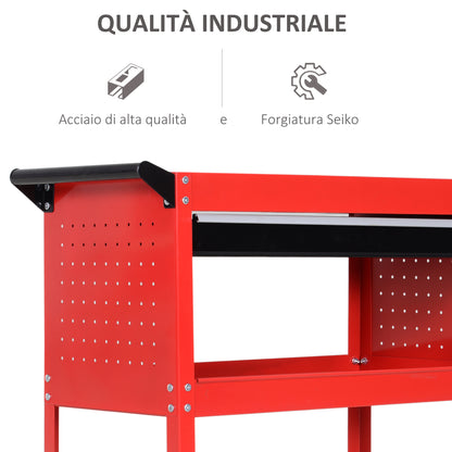 Carrello Porta Attrezzi con Manico, Cassetto e 3 Ripiani, in Lamiera di Acciaio, 82x35x76 cm, Rosso