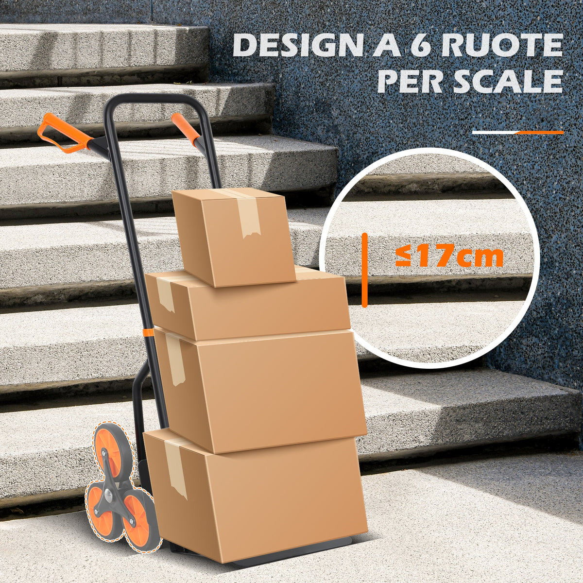 Carrello Portapacchi per Scale 6 Ruote, Pieghevole, Portata 120kg, in Acciaio, per Trasloco, Giardinaggio, Arancione