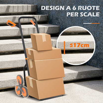Carrello Portapacchi per Scale 6 Ruote, Pieghevole, Portata 120kg, in Acciaio, per Trasloco, Giardinaggio, Arancione