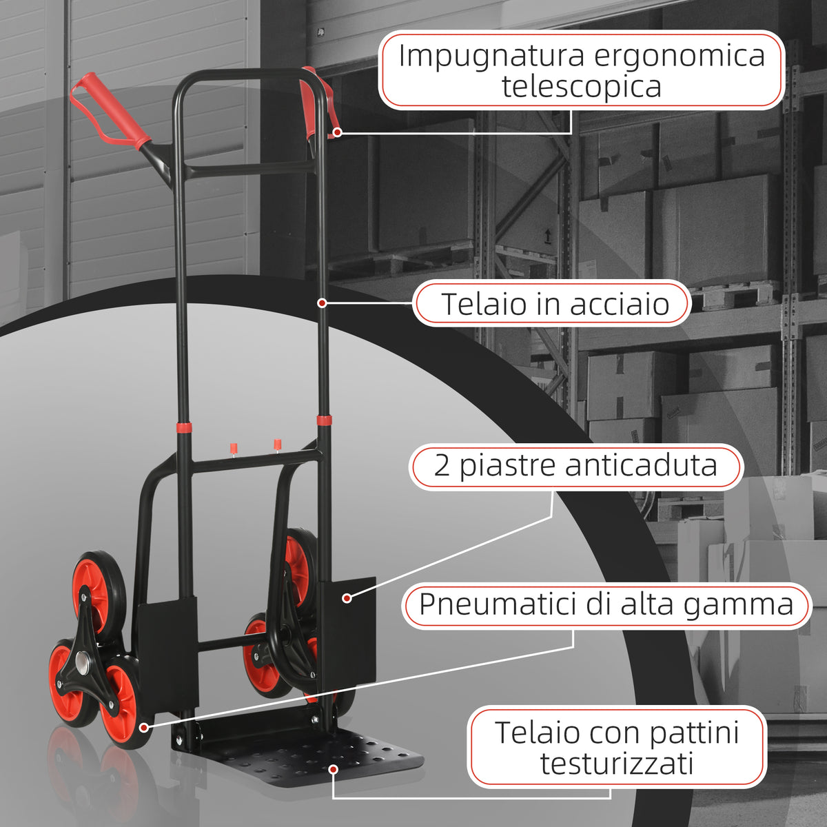 Carrello Portapacchi Pieghevole 120 kg max con Maniglia Estraibile, 44 x 38 x 106.5 cm, Rosso e Nero