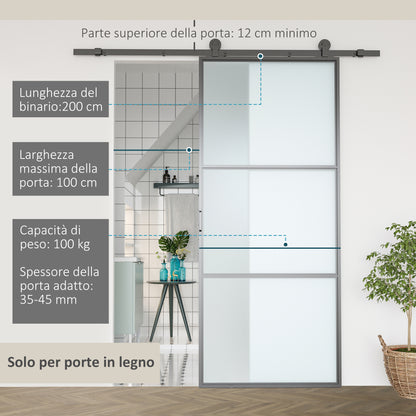 Kit Porta Scorrevole in Acciaio al Carbonio con Binari, Fermi e Guide, 200x40x0.6 cm, Nero