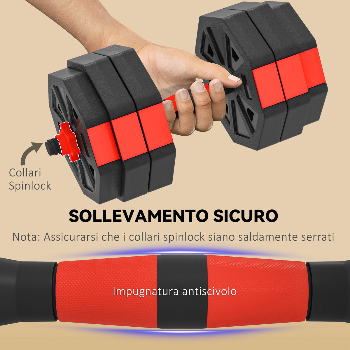 Set Pesi da Palestra 6 in 1 da 30kg, Convertibile in Kettlebell, 2 Manubri, Bilanciere e Supporto Flessioni, Rosso