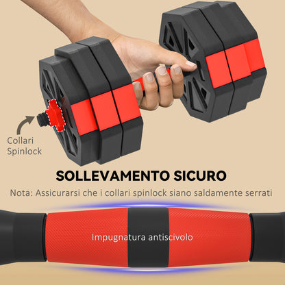 Set Pesi da Palestra 6 in 1 da 30kg, Convertibile in Kettlebell, 2 Manubri, Bilanciere e Supporto Flessioni, Rosso