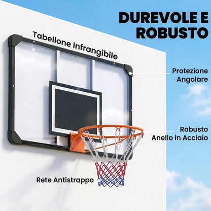 Canestro Basket Esterno a Parete 113x73 cm, Cerchio 45 cm e Rete, Nero