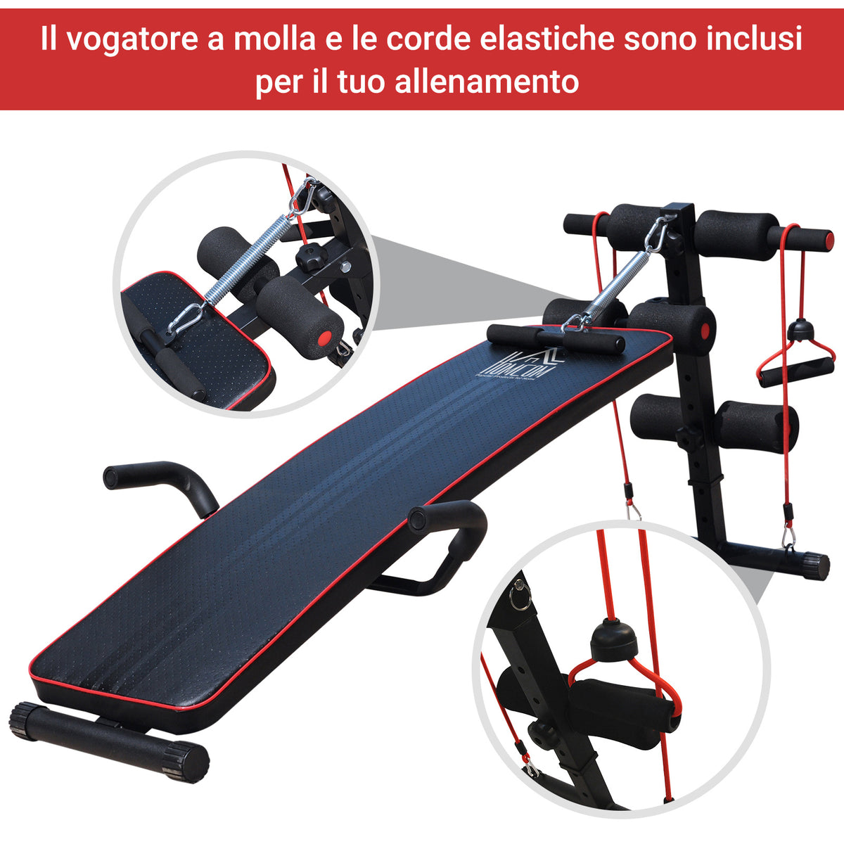 Panca Multifunzione con Vogatore a Molla e Schienale Regolabile e 2 Corde Elastiche, 55.5x137.5 cm Nero