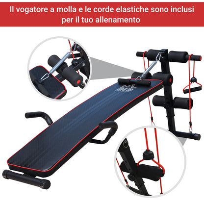 Panca Multifunzione con Vogatore a Molla e Schienale Regolabile e 2 Corde Elastiche, 55.5x137.5 cm Nero