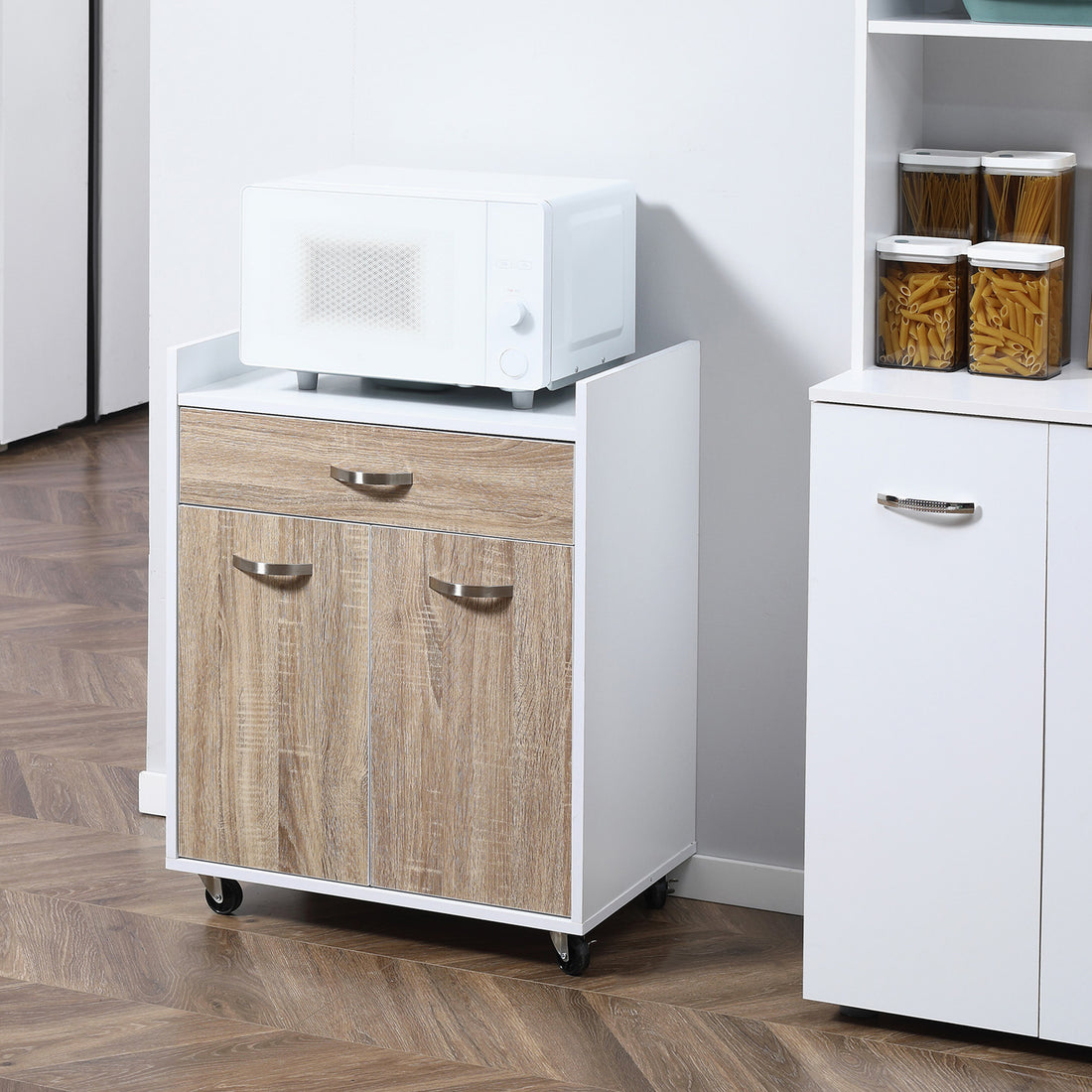 Carrello da Cucina Portavivande per Microonde con 4 Ruote, in Legno, 60x40x77cm - Rovere