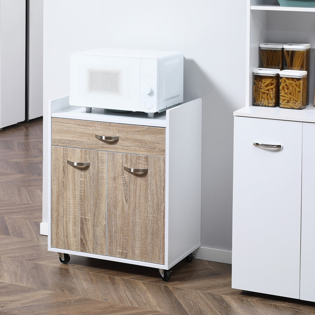 Carrello da Cucina Portavivande per Microonde con 4 Ruote, in Legno, 60x40x77cm - Rovere