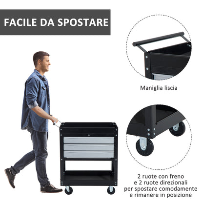 Carrello da Officina Professionale Cassettiera Portautensili in Lamiera, Nero, 68 x 46 x 88cm