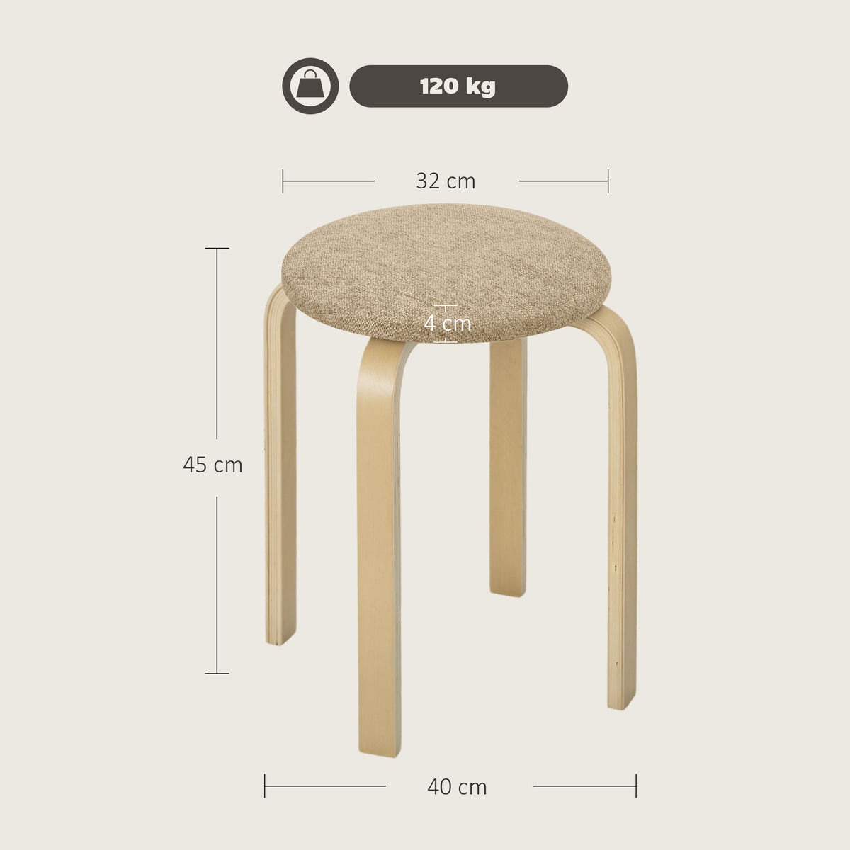 Set 4 Sgabelli Impilabili e Imbottiti con Rivestimento in Tessuto e Gambe in Legno, Cachi