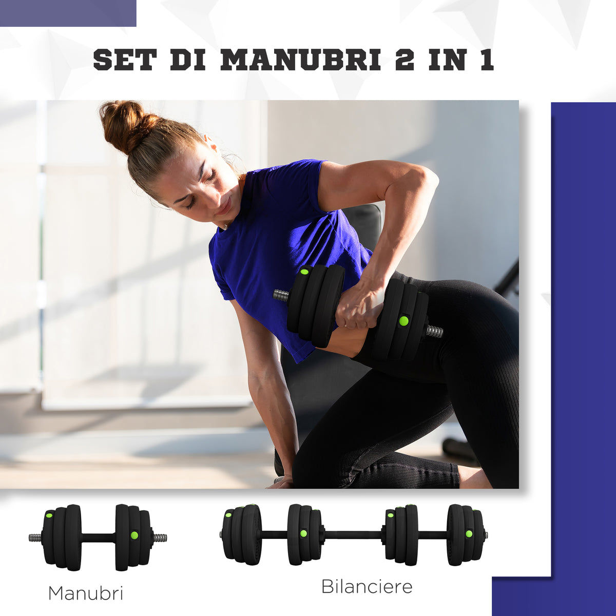 Set 2 in 1 con 2 Manubri Convertibili in Bilanciere, Peso Totale 25 kg e Dischi Pesi Regolabili, Nero