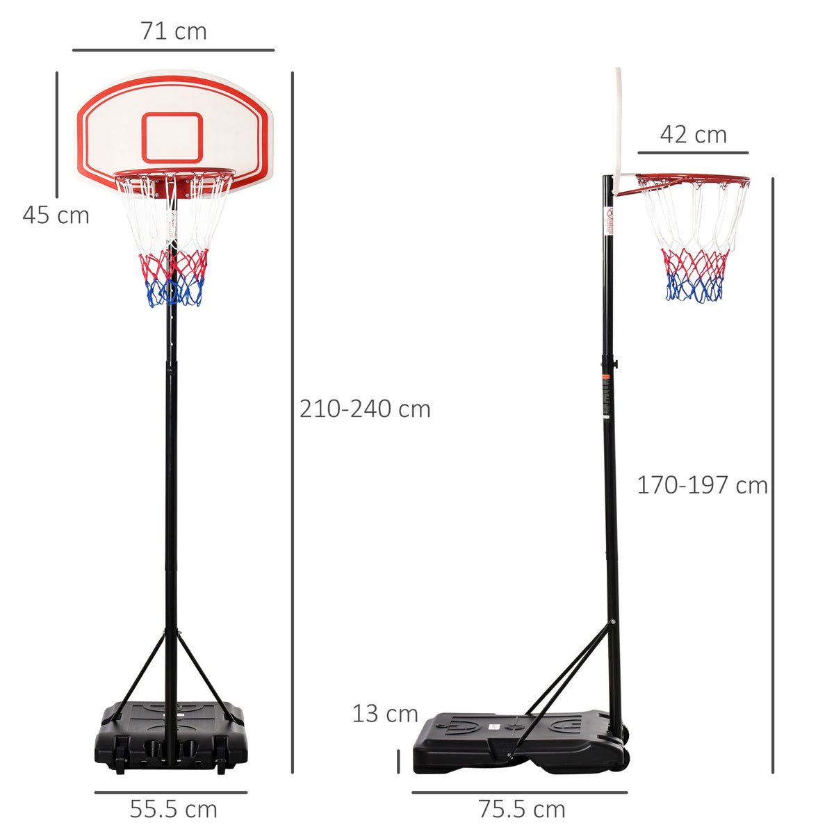 Canestro Basket da Interno ed Esterno Portatile con Altezza Regolabile 5 Livelli 175-215cm, Canestro da Basket con Ruote, Struttura Metallo e Base Riempibile, Tabellone PE