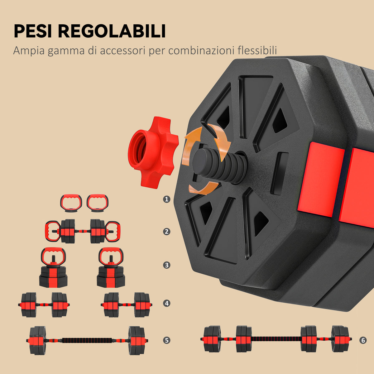 Set Pesi da Palestra 6 in 1 da 30kg, Convertibile in Kettlebell, 2 Manubri, Bilanciere e Supporto Flessioni, Rosso