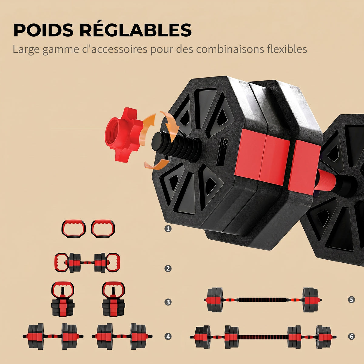 Set Pesi Palestra 6 in 1 Multifunzione da 20kg Totali in Plastica e Sabbia, 125x18x18 cm, Rosso
