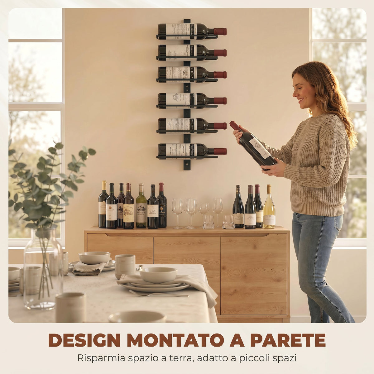 Portabottiglie da Parete in Acciaio per 6 Bottiglie di Vino, Cucina e Sala, 27x10x71 cm, Nero