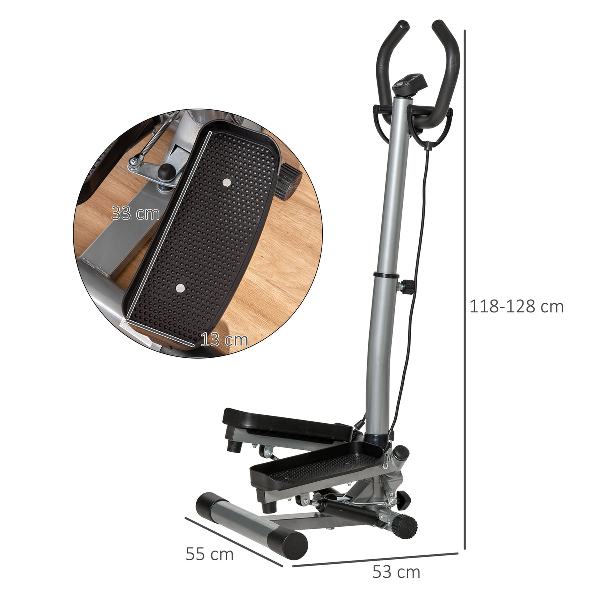 Stepper con Manubrio Regolabile, Monitor LCD ed Elastici, 55x53x118-128cm, Nero