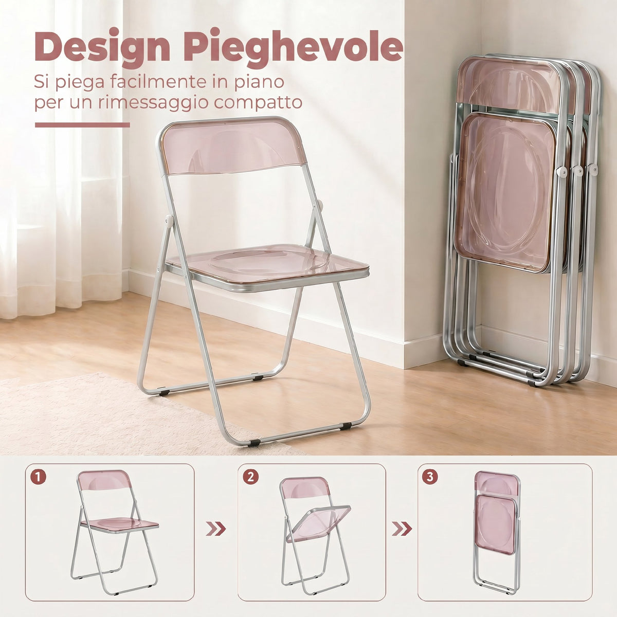 Set da 4 Sedie Pieghevoli in Acrilico Trasparenti, Rosa