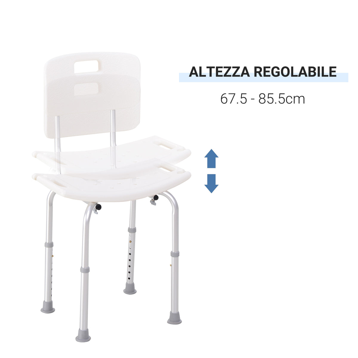 Sedia Doccia Antiscivolo e Regolabile con Fori di Drenaggio e Ventose, in Plastica e Alluminio, 50.6x43x71-88 cm