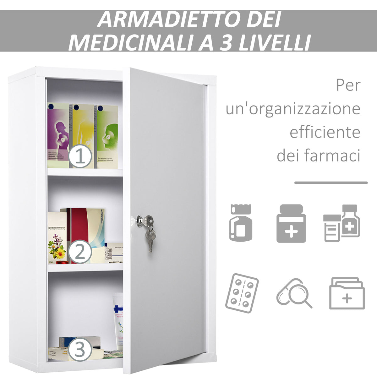 Armadietto Medicinali a 3 Livelli in Acciaio con 2 Chiavi e Montaggio a Parete, 40x18x60 cm, Bianco