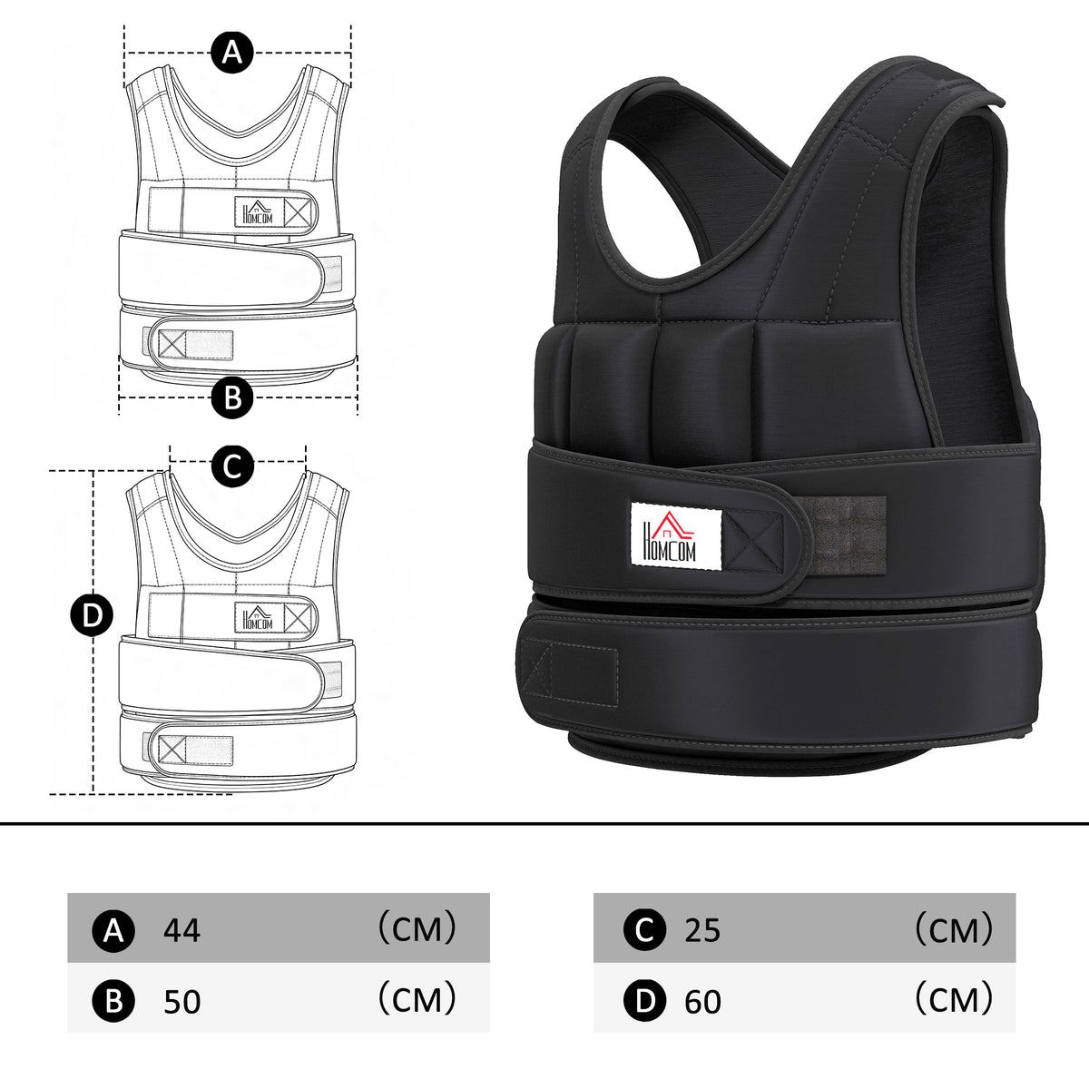 Giubbotto Zavorrato 20kg Unisex 38 Pesi Singoli, Imbottitura, Chiusure con Velcro, Nero