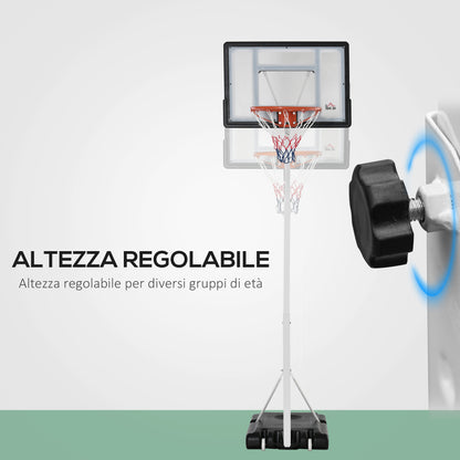 Canestro Basket per Adulti con Tabellone in PVC Regolabile 210-260cm Ruote Integrate Bianco