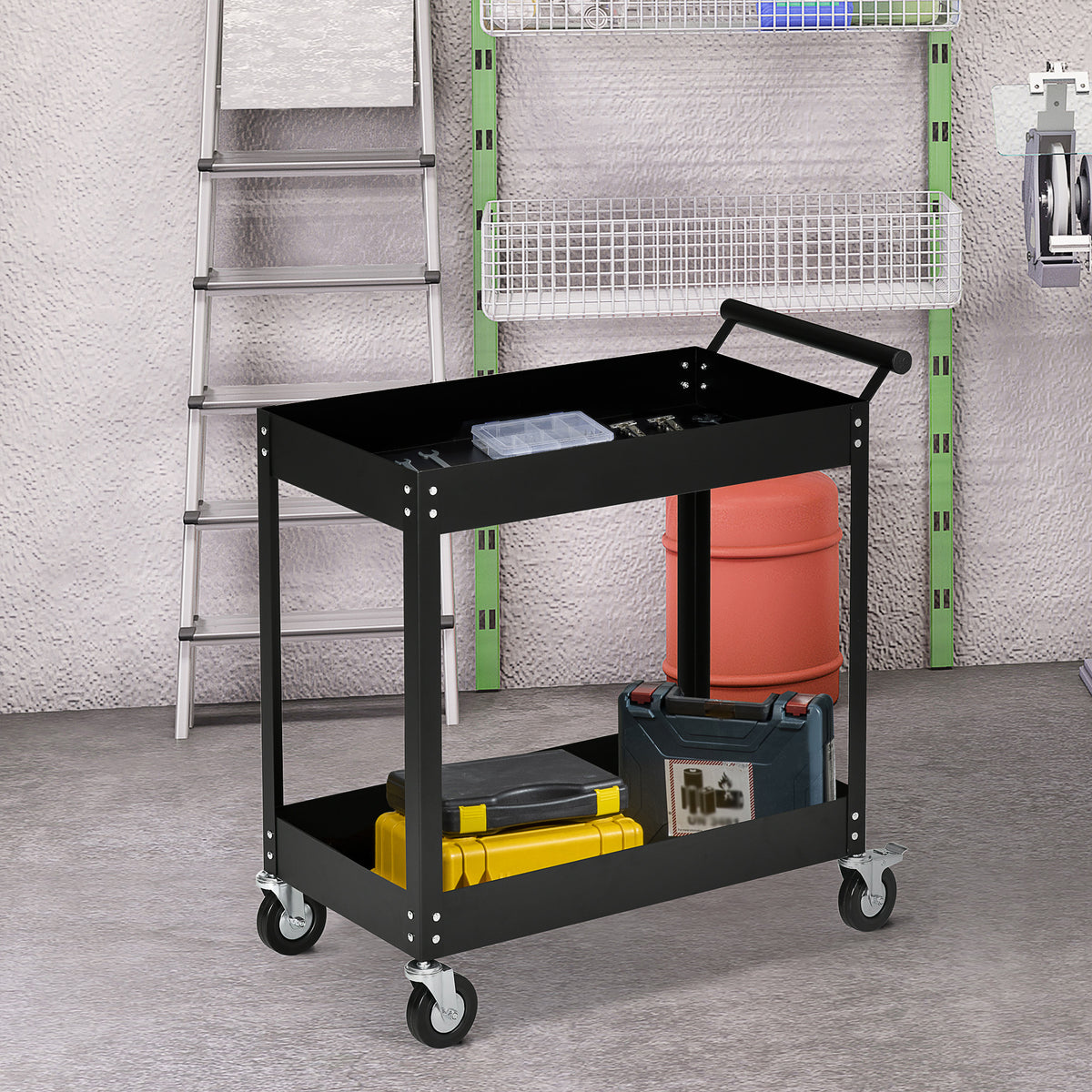 Carrello Porta Attrezzi a 2 Ripiani in Acciaio, 84.5x38x84cm, Nero