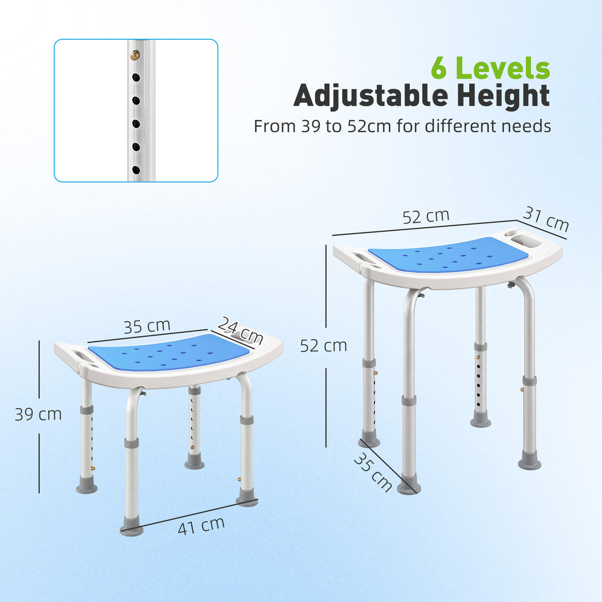 Sgabello per Doccia da Bagno in Lega di Alluminio e Plastica Antiscivolo, Sgabello Bagno con Altezza Regolabile 6 Livelli 39-52cm, Blu