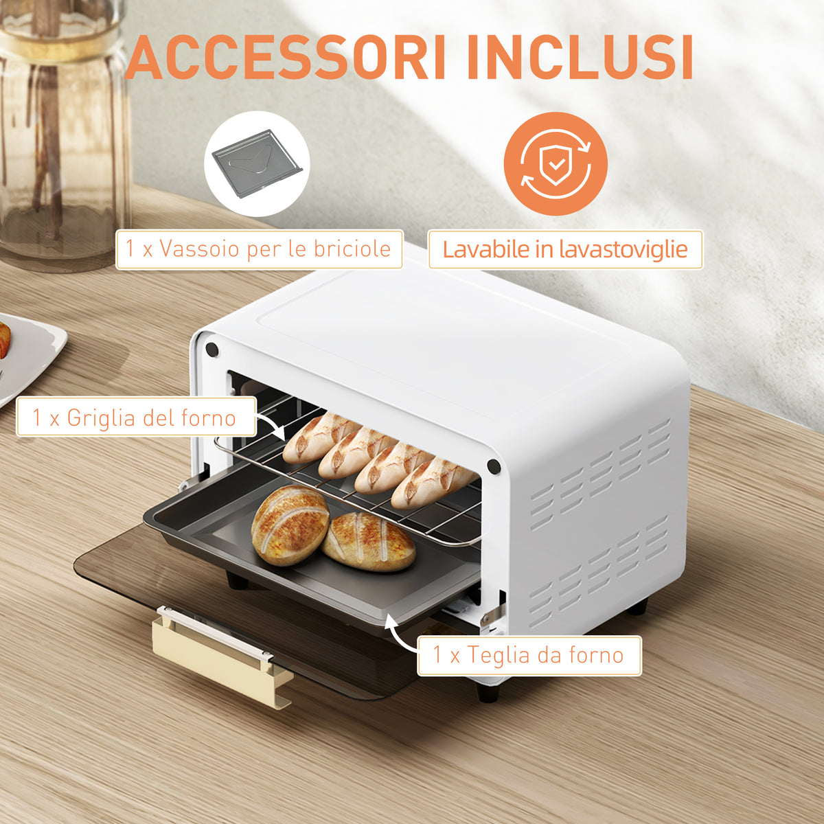 Fornetto Elettrico 12L con Timer e Temperatura Regolabile, in Acciaio e Plastica, 31.5x27.7x22.7 cm, Bianco e Oro