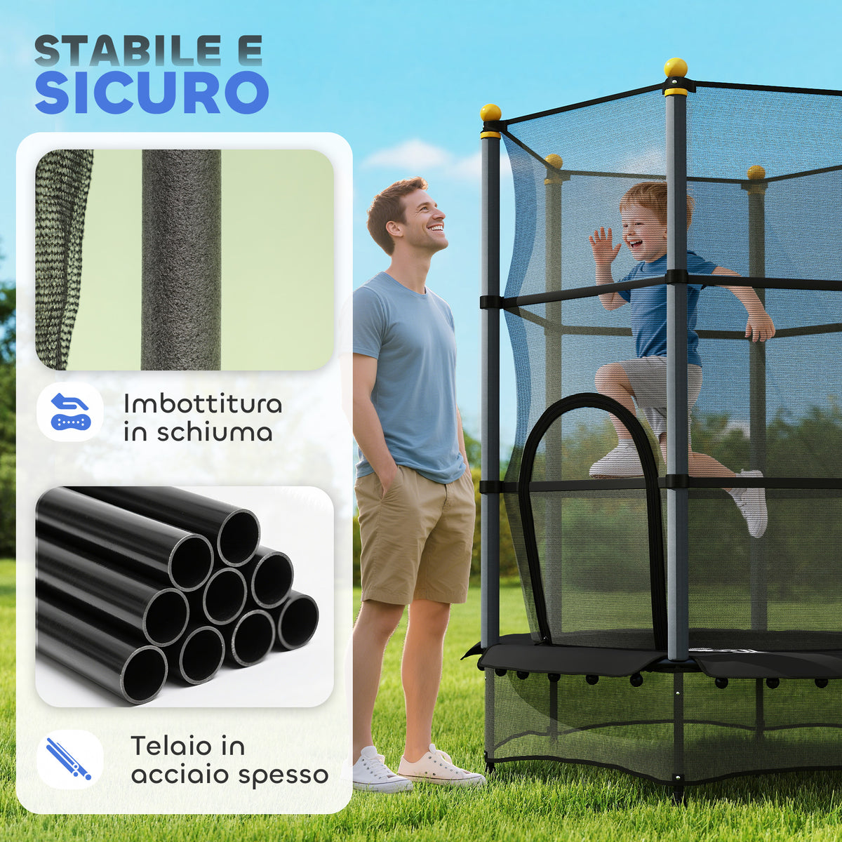 Tappeto Elastico per Bambini con Rete di Sicurezza e Pali Imbottiti Età 3-10 Anni, 140 x 190 cm, Nero