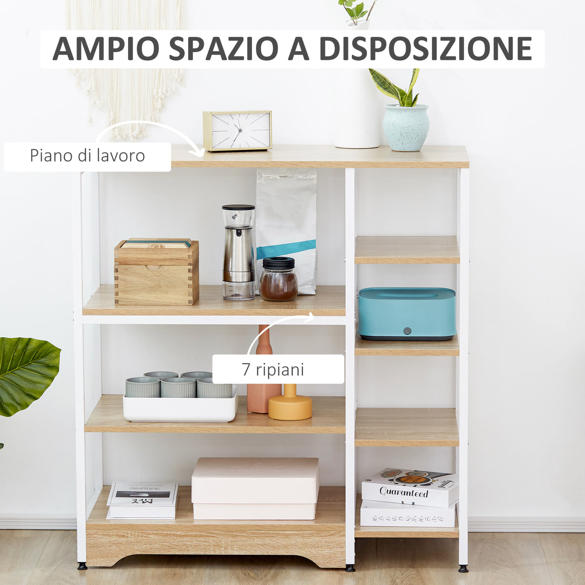 Scaffale da Cucina Basso Salvaspazio Stile Industriale, Mobiletto con 7 Ripiani per Cucina in Metallo e Legno, 90x40x95cm, Bianco