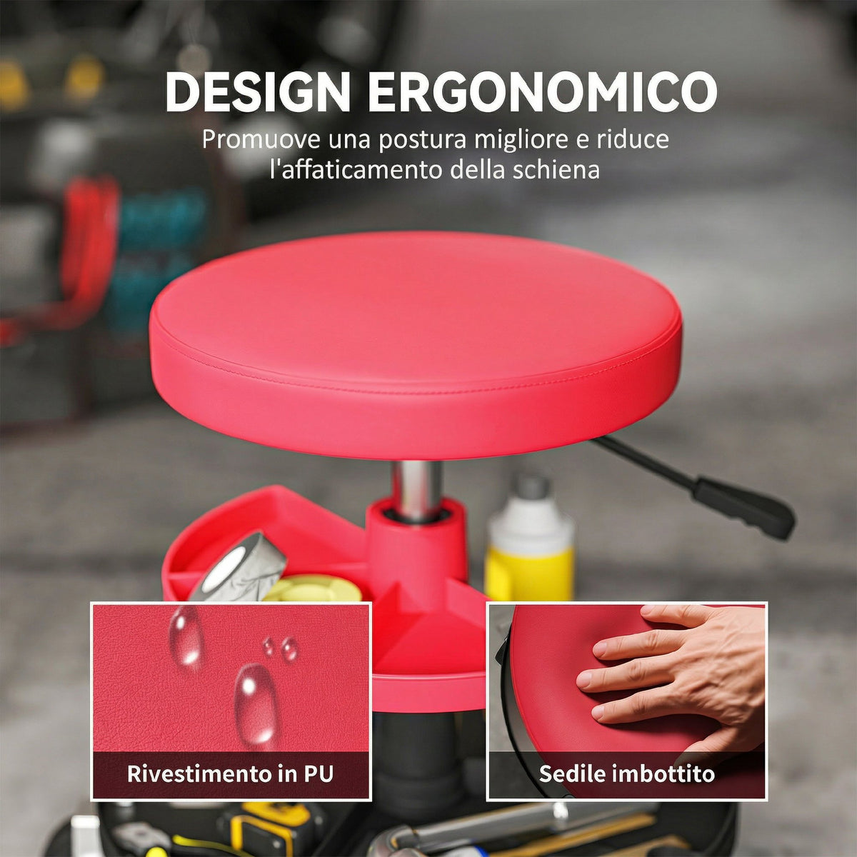 Sgabello da Officina con Ruote da 6 cm, Capacità fino a 135 kg, Altezza Regolabile 40-51 cm, con Vassoi Porta Utensili, Rosso