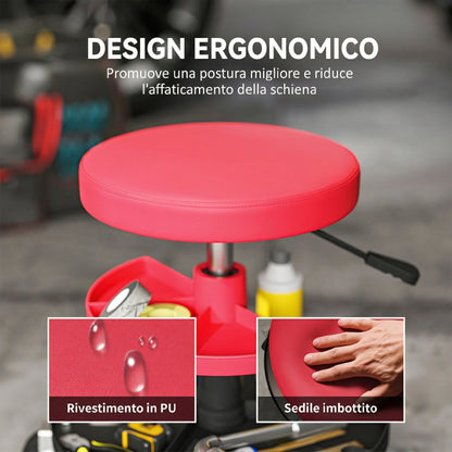 Sgabello da Officina con Ruote da 6 cm, Capacità fino a 135 kg, Altezza Regolabile 40-51 cm, con Vassoi Porta Utensili, Rosso